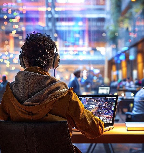 Person coding at night with multiple monitors